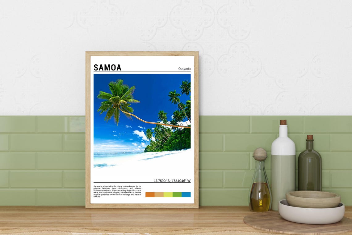 Samoa Oceania Leaning Palm Tree White Sand Beach Tropical Poster - Image 3
