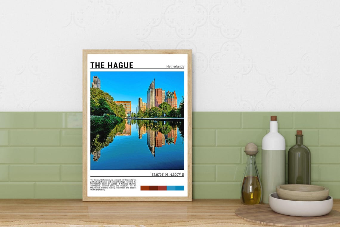 The Hague Netherlands Modern Skyline Canal Reflection Photo Poster - Image 3