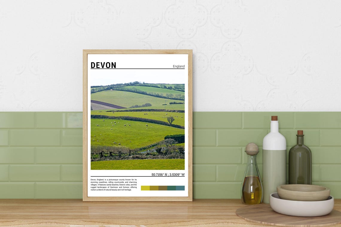 Devon England Rolling Green Hills Sheep Pasture Countryside Poster - Image 3