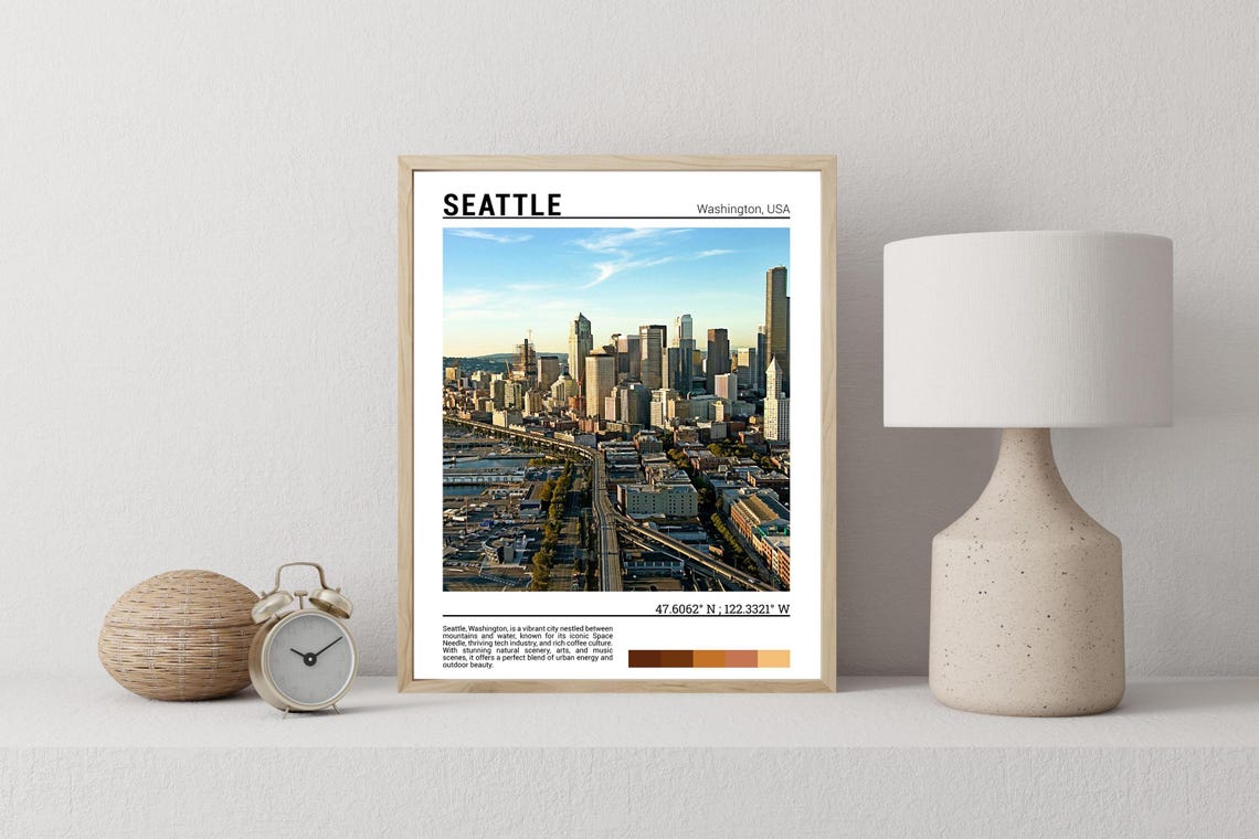 Seattle Washington Downtown Skyline Golden Hour Travel Poster - Image 2