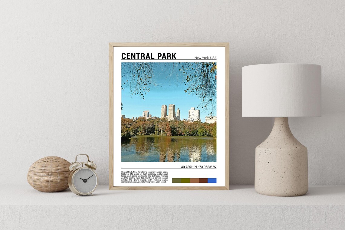 Central Park New York Autumn Lake Skyline View Travel Poster - Image 2