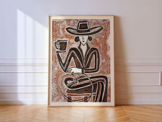 Cowgirl Coffee Abstract Woman Cowboy Hat Espresso Brown Line Art Poster