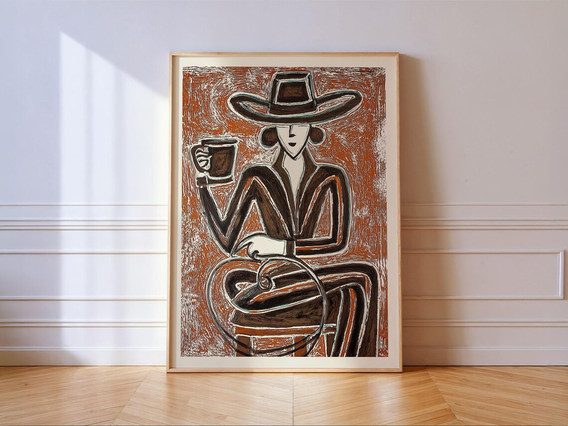 Cowgirl Coffee Abstract Woman Cowboy Hat Espresso Brown Line Art Poster