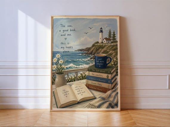 Sea Books Lighthouse Print Coastal Book Lover Reading Nook Wall Art