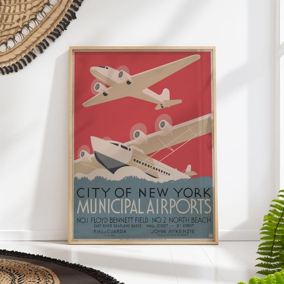 Nyc Vintage Aviation Poster New York Travel Print Art Deco Airplane Wall