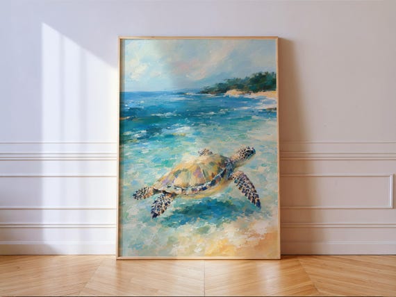Coastal Sea Turtle Print Ocean Oil Painting Wall Art Beach House Decor
