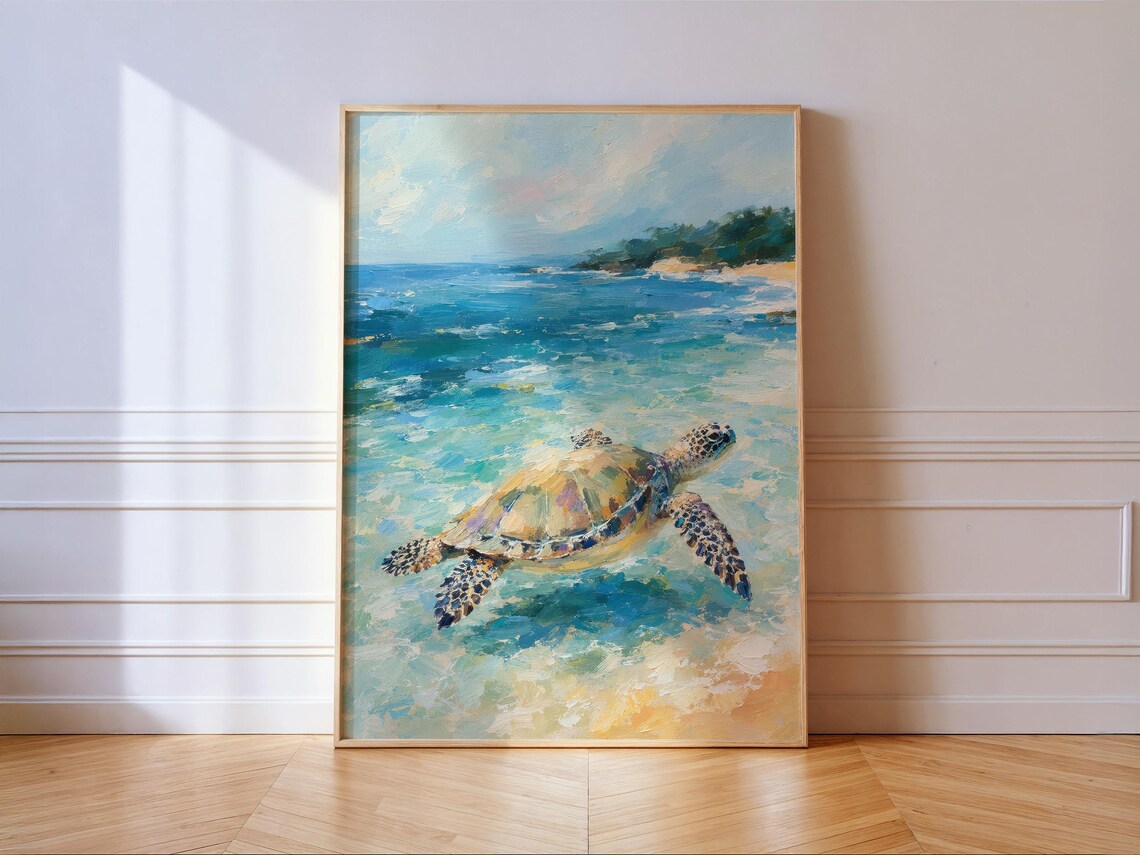 Sea Turtle Swimming Turquoise Ocean Oil Painting Poster Coastal Waves Decor