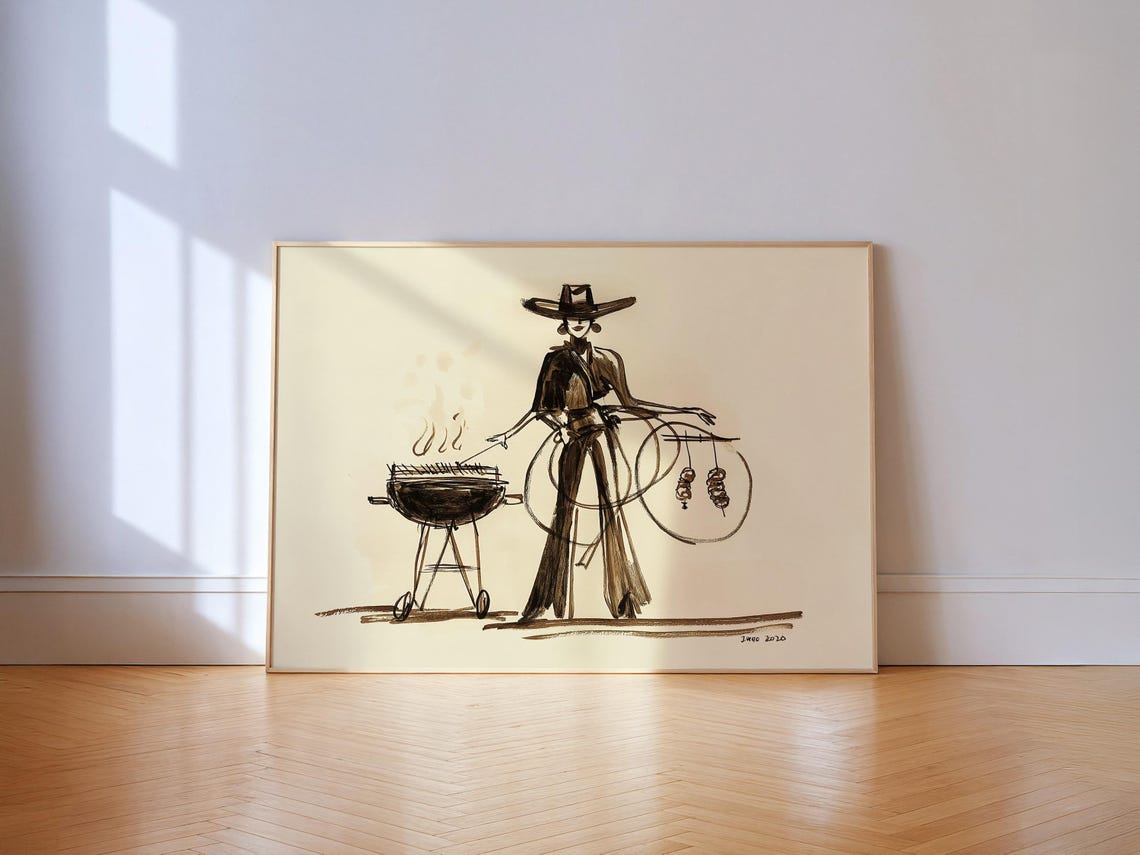 Cowgirl BBQ Ink Drawing Western Fashion Illustration Wall Poster