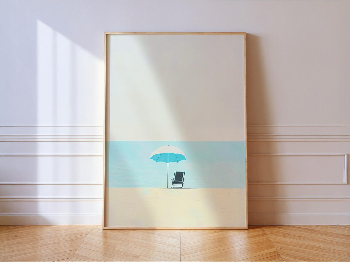 Minimalist Beach Umbrella and Chair Serene Coastal Scene Art Poster