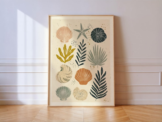 Seashell Block Print Coastal Botanical Linocut Shell Wall Decor