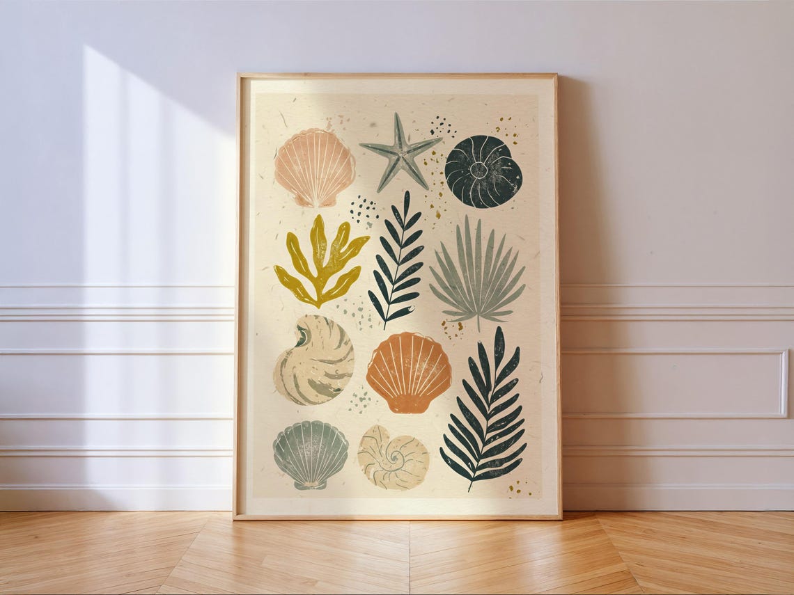 Seashell Block Print Wall Art Coastal Shell Botanical Linocut Poster