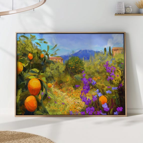 Mediterranean Orange Grove Landscape Print Colorful Tuscan Countryside Wall Art Citrus Garden Painting