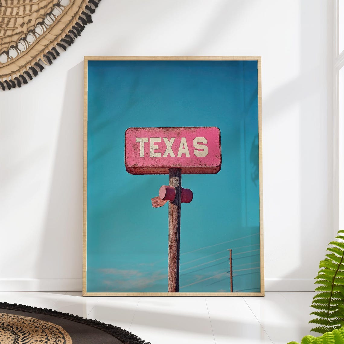 Texas Pink Roadside Sign Vintage Retro Teal Sky Photography Poster