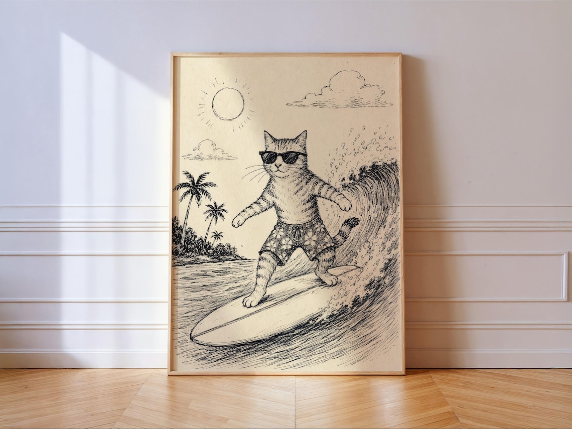 Surfing Cat Funny Beach Ink Drawing Art Print