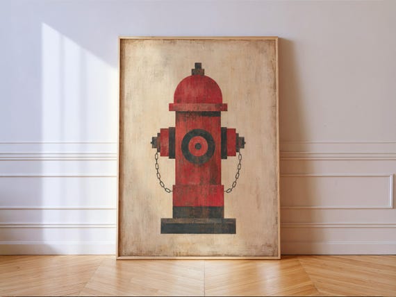 Fire Hydrant Print Vintage Rustic Firefighter Nursery Wall Art Kids Decor