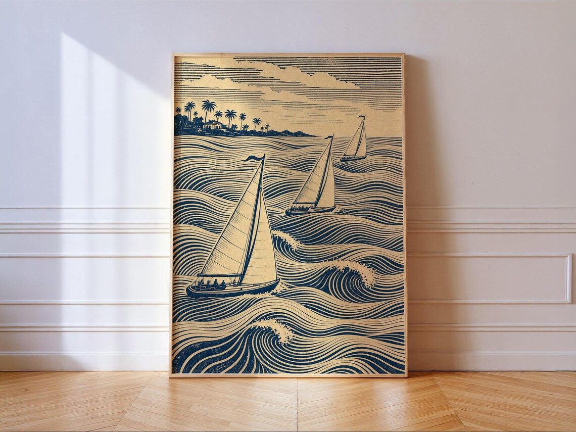 Navy Blue Sailboats On Stylized Waves Vintage Woodcut Style Ocean Poster