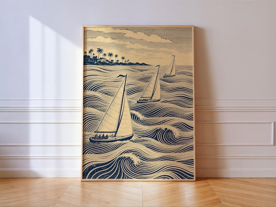 Navy Blue Sailboats On Stylized Waves Vintage Woodcut Style Ocean Poster