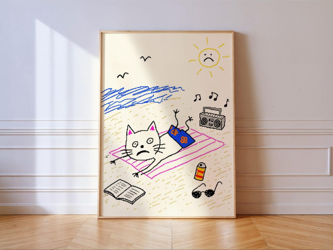 Pixel Art Beach Cat Lounging With Boombox Funny Summer Poster