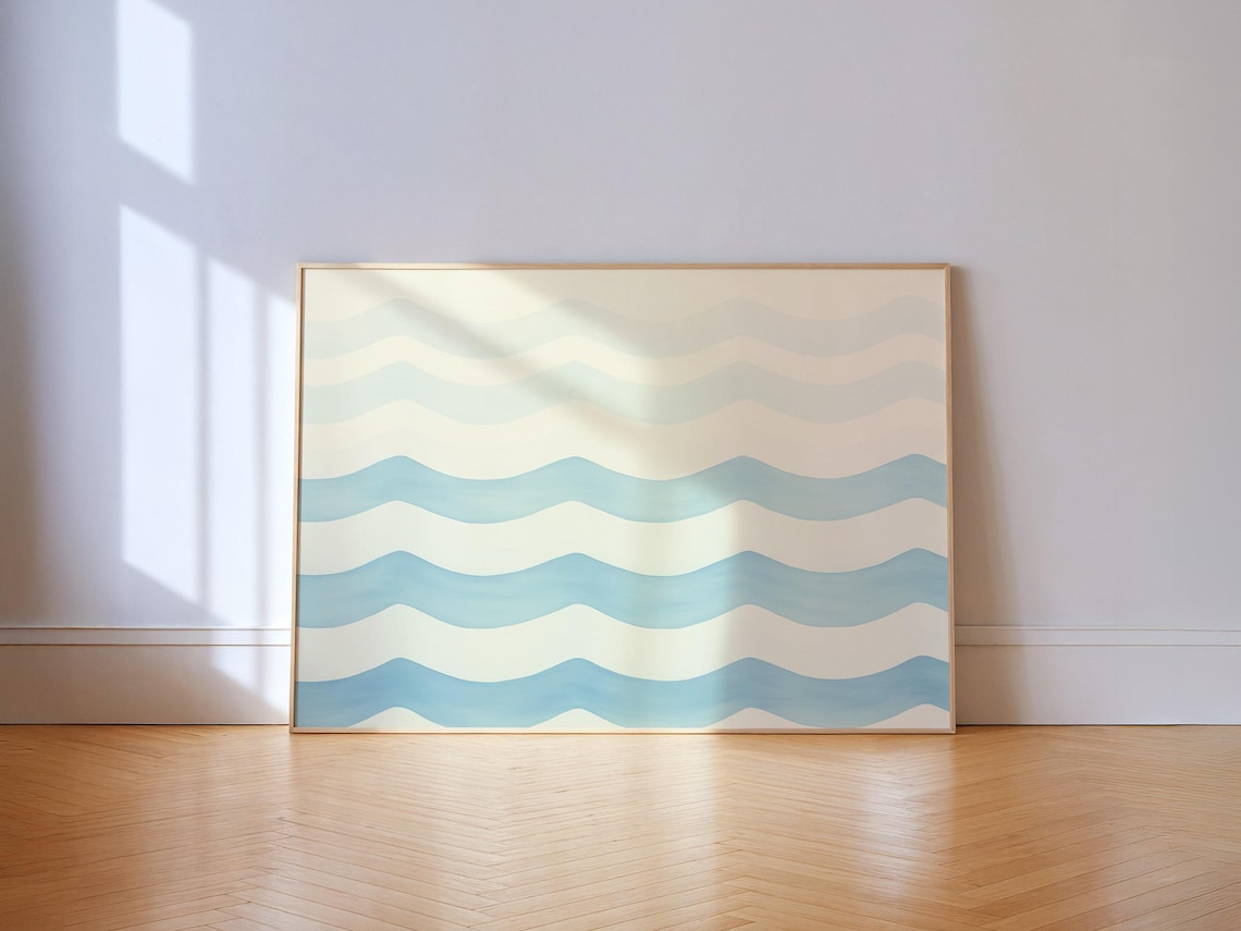 Abstract Waves Print, Pastel Blue Coastal Art
