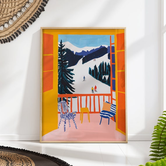 Ski Chalet Window View Art Print, Winter Mountain Scene