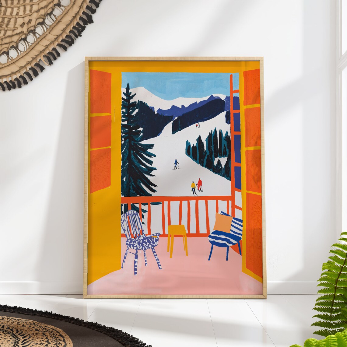 Ski Chalet Window View Art Print, Winter Mountain Scene