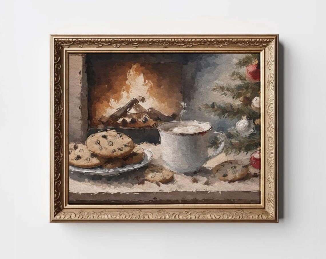 Vintage Christmas Cookies for Santa Fireplace Milk Festive Holiday Poster