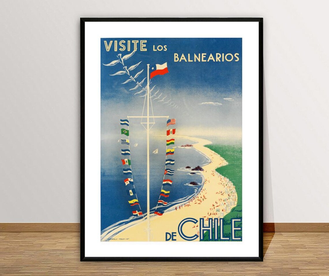 Visite Los Balnearios De Chile Beach Flags Vintage Travel Poster - Image 2