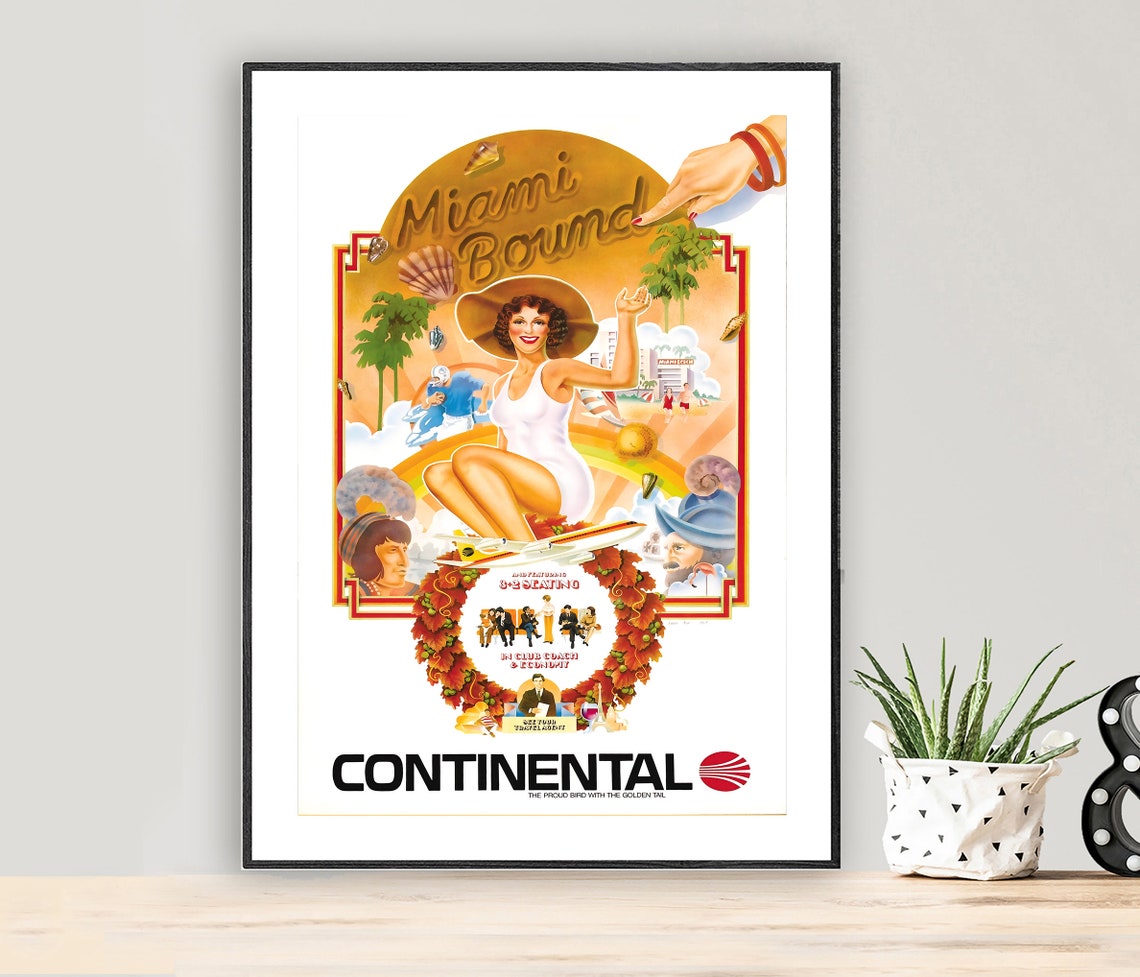 Continental Airlines Miami Bound Vintage Golden Age Travel Poster