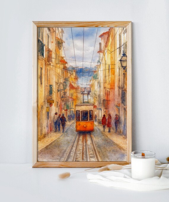 Charming Yellow Lisbon Tram Watercolor Portugal Cityscape Art
