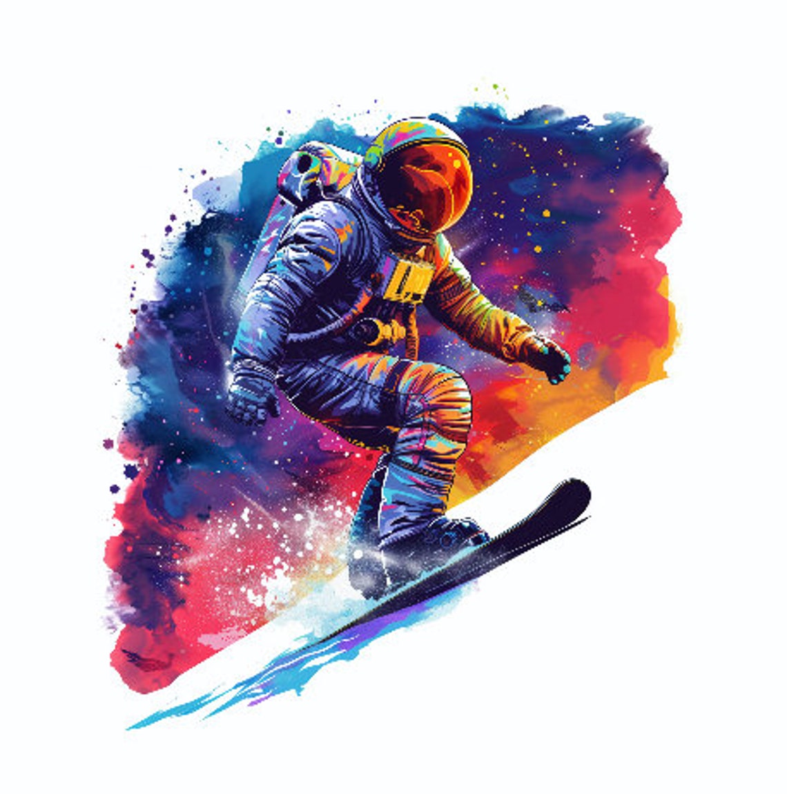 Astronaut Snowboarding In Watercolor With Galaxy Burst Poster - Image 2