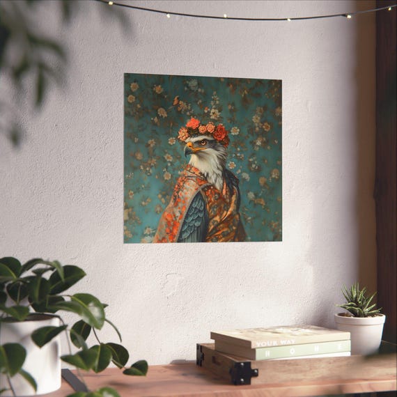 Maximalist Eclectic Fashionista Eagle Poster Print Bold Altered Animal Portrait Fantasy Fun Colorful Flowery Rustic Vintage Floral Art