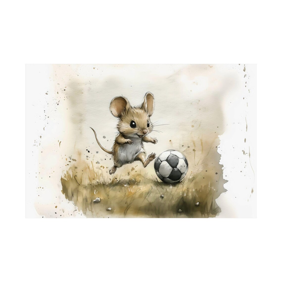 Little Mouse Soccer Kick Watercolor Art Ball Game Nursery Room Poster - Image 2