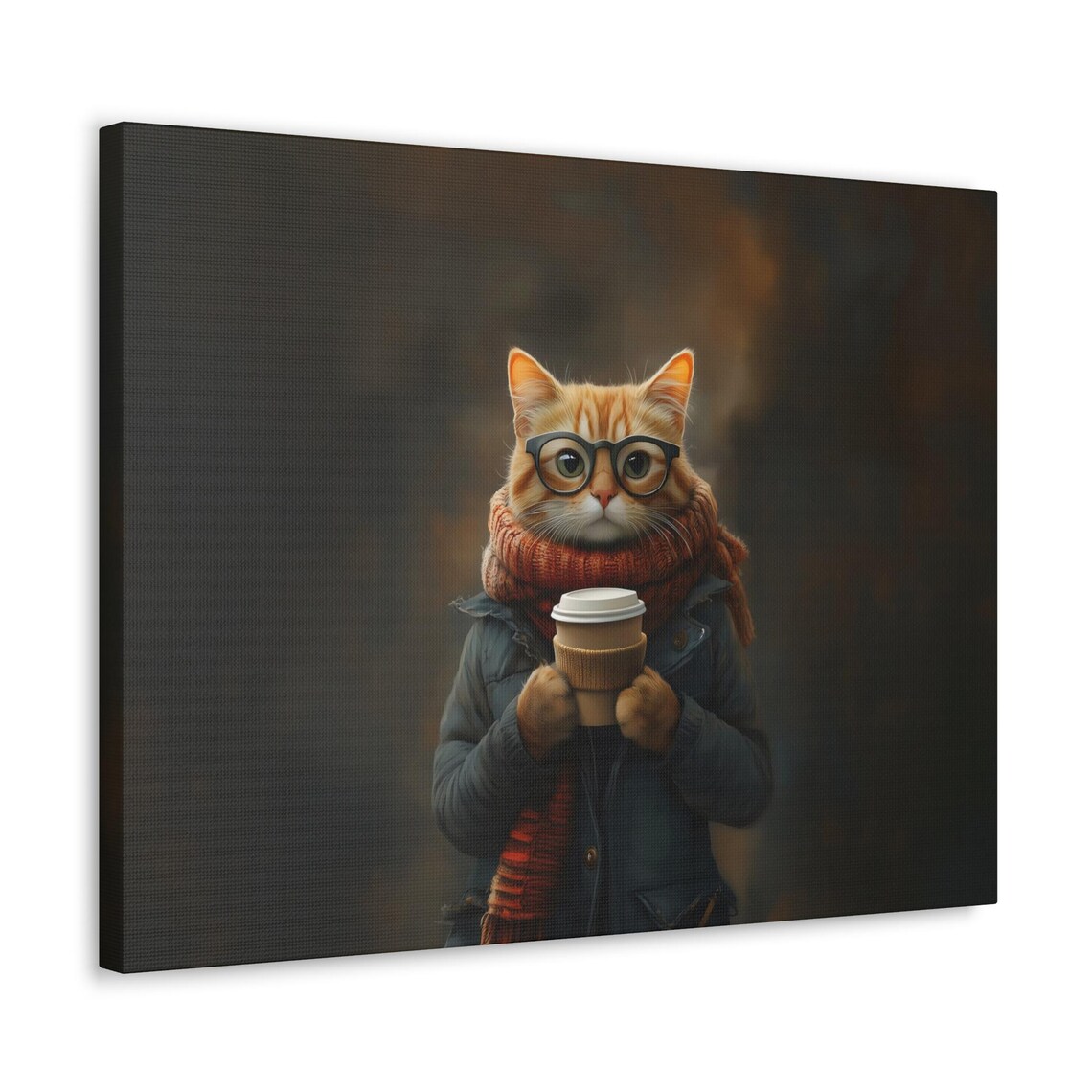 Orange Tabby Cat Glasses Holding Coffee Cozy Winter Animal Portrait Poster - Image 3