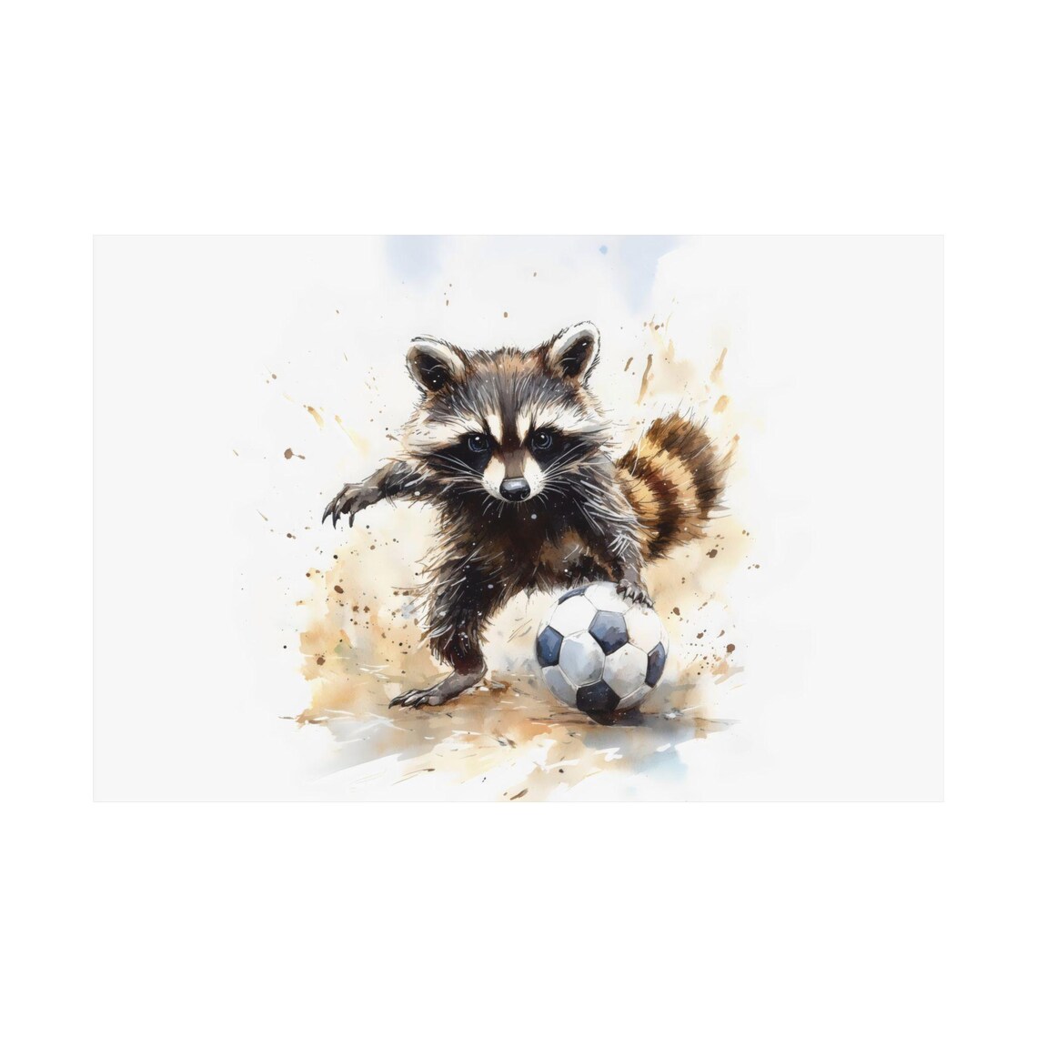 Cute Raccoon Soccer Player Watercolor Art Ball Kick Kids Room Poster - Image 2