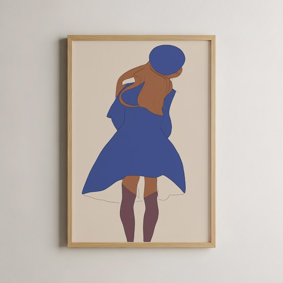 Woman In Blue Dress Beret Walking Minimalist Fashion Art Poster