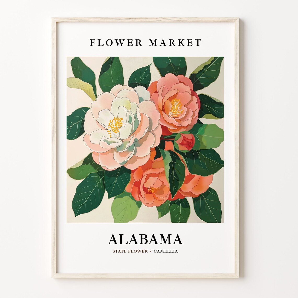 Alabama State Flower Camellia Art Print, Botanical