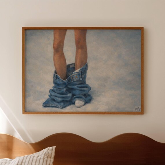 Abstract Girl With Jeans Oil Painting Print Horizontal Above Bed Wall Art Hand Drawn Textured Mid Century Modern Contemporary Woman Poster