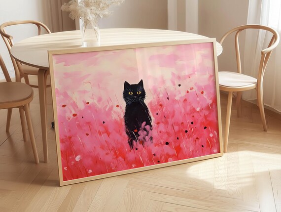 Black Cat on Pink Floral Abstract Dreamy Modern Cat Art Poster
