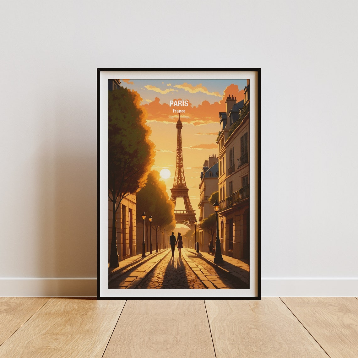 Paris Eiffel Tower Golden Sunset Boulevard Strolling Couple Poster