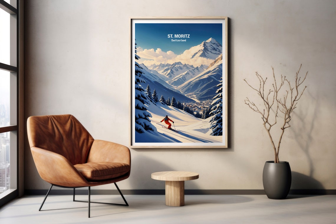 St Moritz Switzerland Alpine Skier Powder Slope Peaks Poster - Image 2