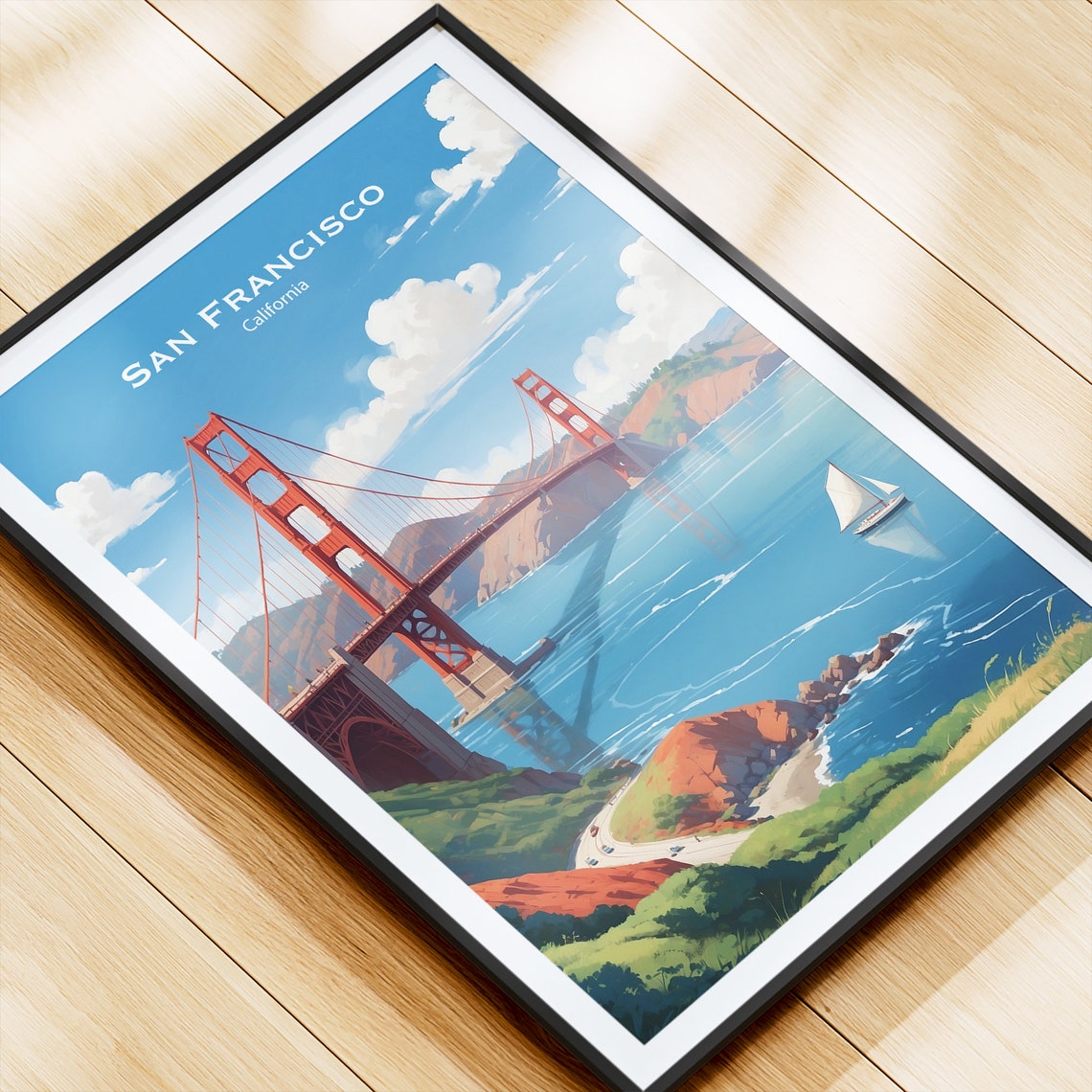 San Francisco California Golden Gate Bridge With A Sailboat Poster - Image 4