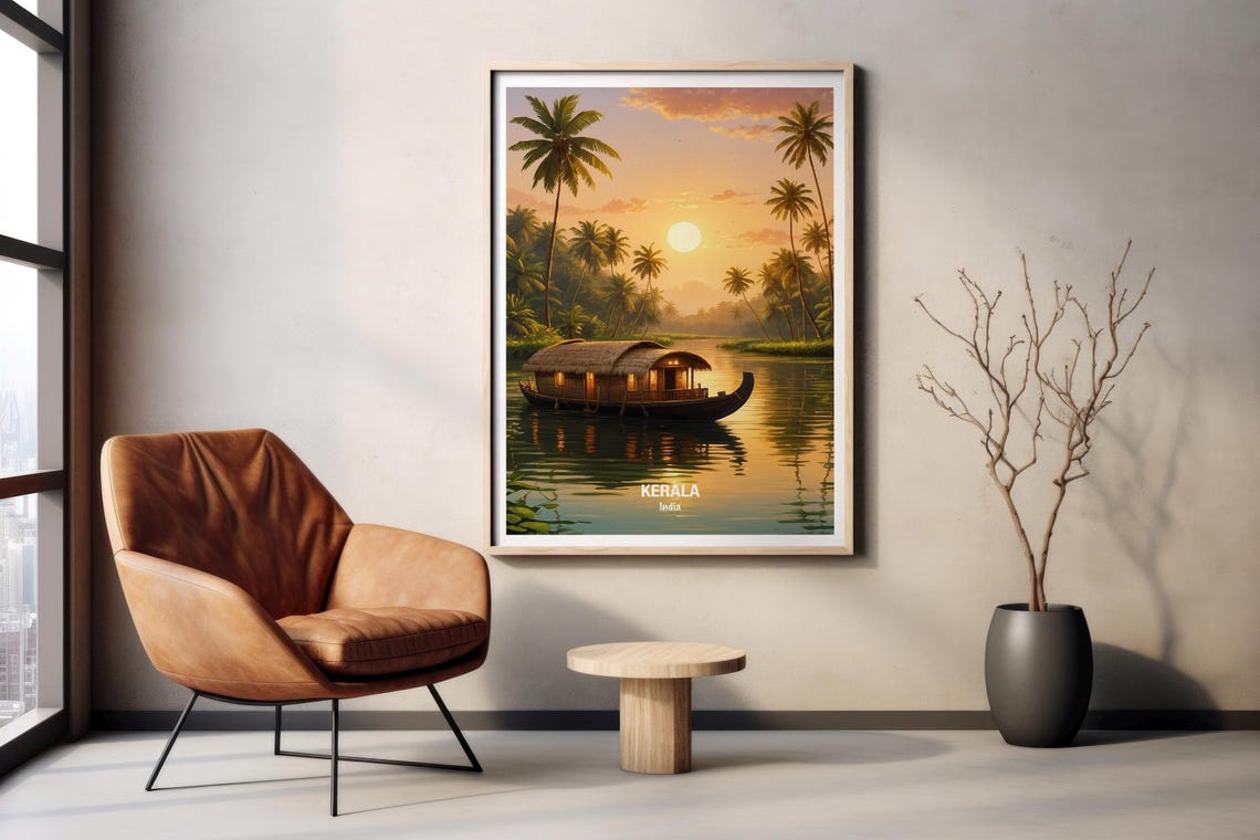 India Kerala Houseboat Backwaters Golden Sunset Palm Trees Poster - Image 2