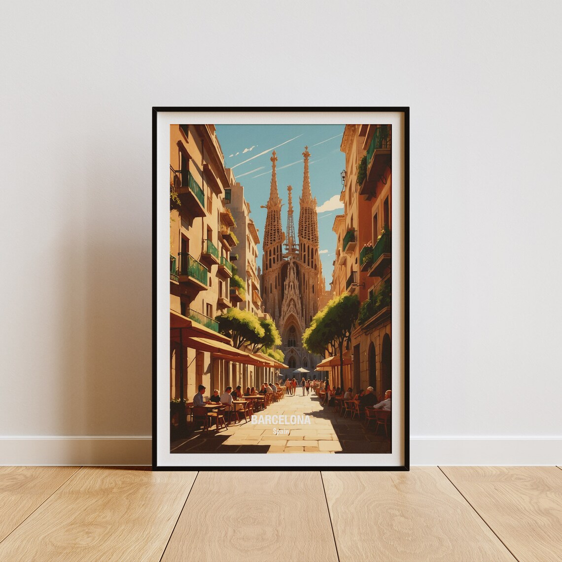 Barcelona Sagrada Familia Sunny Street Cafes Gaudi Daytime Poster