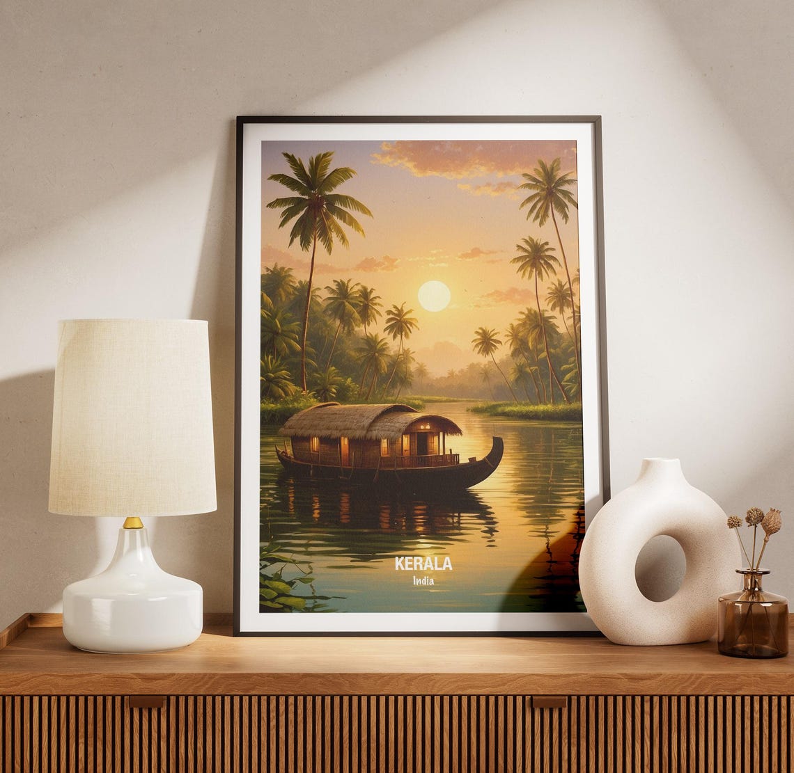 India Kerala Houseboat Backwaters Golden Sunset Palm Trees Poster - Image 3