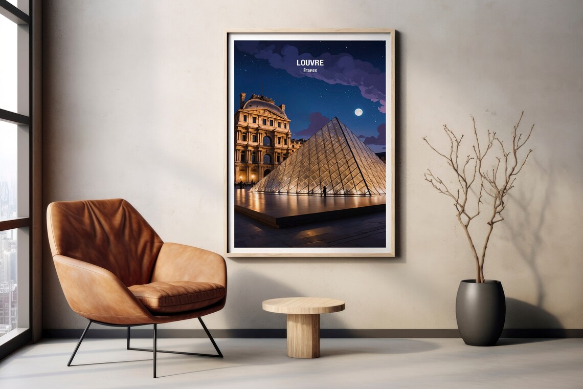 Paris Louvre Museum Glass Pyramid Moonlit Starry Night Poster - Image 2