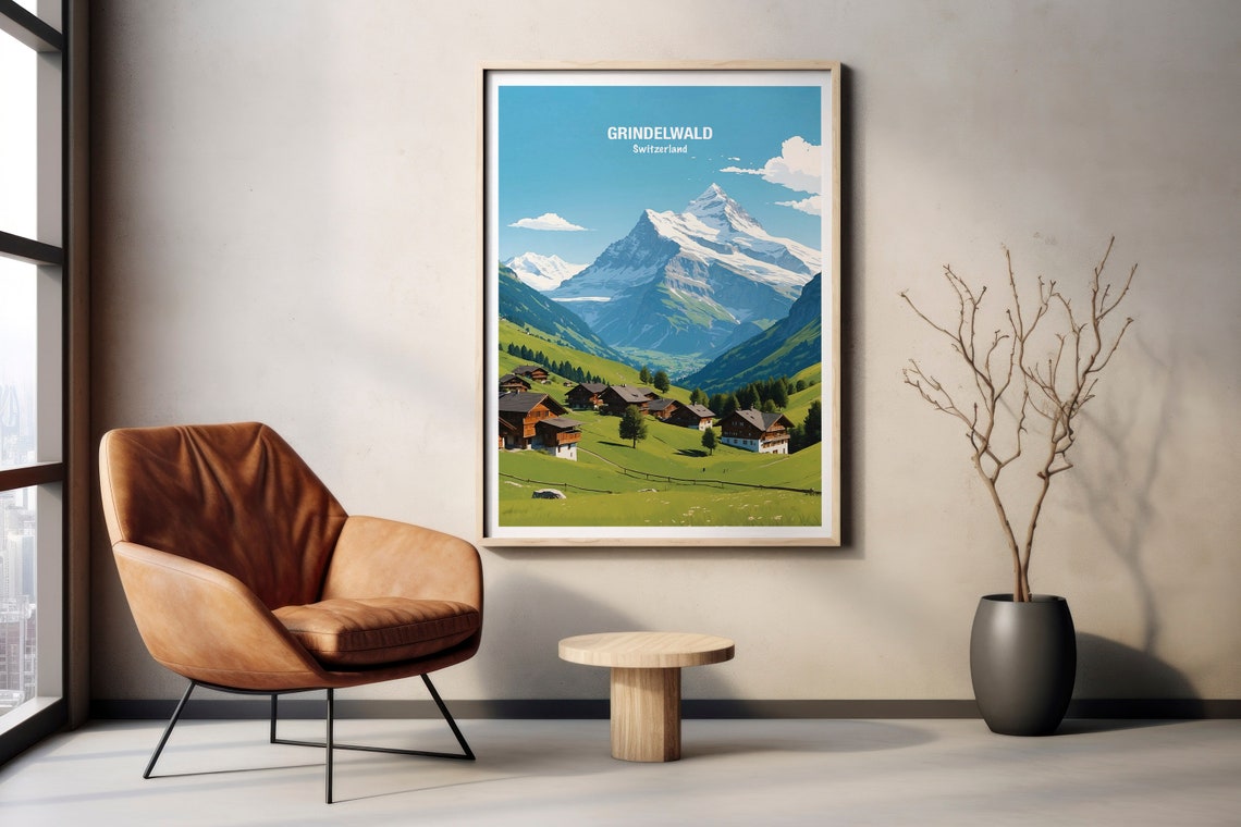 Grindelwald Chalet Village Beneath Eiger Swiss Alps Peaks Poster - Image 2