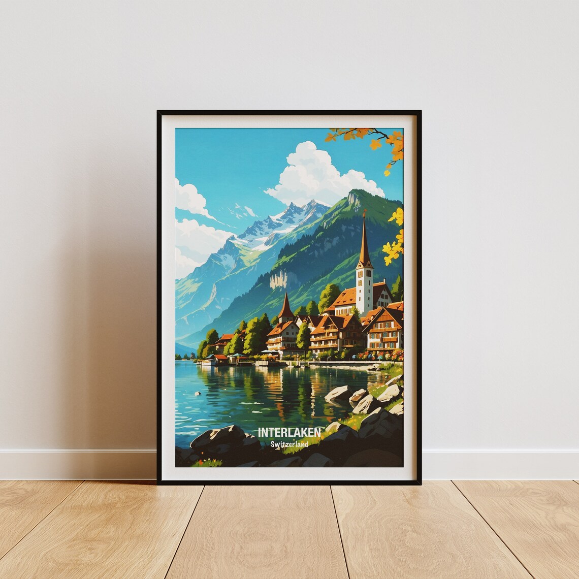 Interlaken Switzerland Lakeside Village Church Alpine Peak Poster