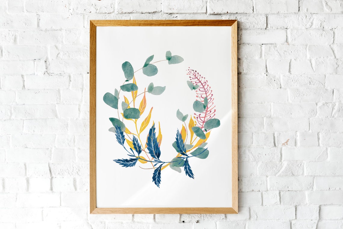 Watercolor Botanical Wreath Eucalyptus Blue Gold Green Leaf Art Print