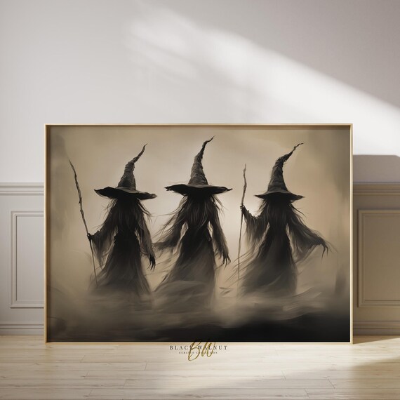 Three Witches in Misty Darkness Black Silhouette Halloween Gothic Art Poster