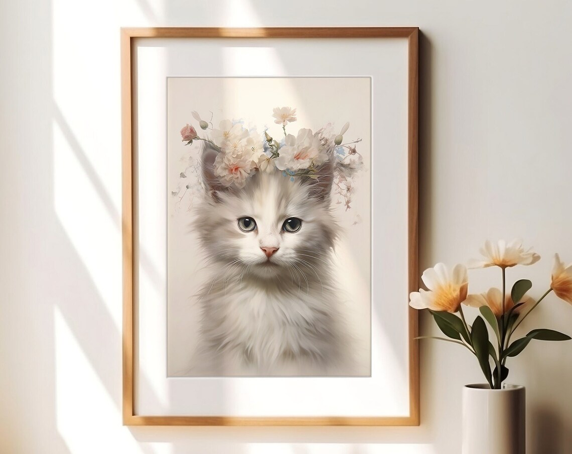 Kitten Wall Art, Baby Cat Print With Floral Crown